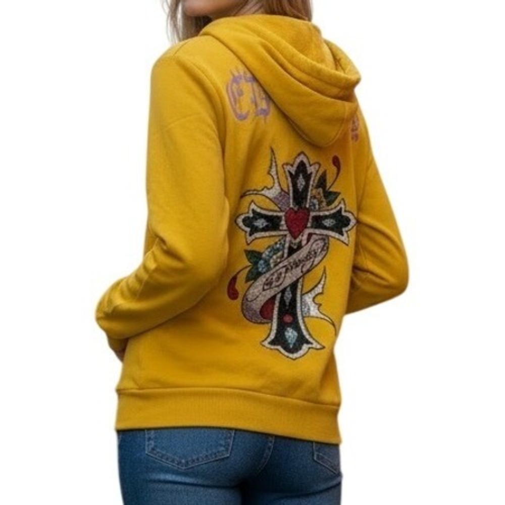 ED HARDY Rare Vintage Y2K Yellow Rhinestone Cross Heart Graphic Zip Up Hoodie XS
